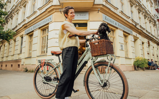 Woman and dog in the city with electric bike Jordaan plus in green